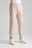 Bej - 3XL Erkek Düz Paça Beli Bağcıklı Logo Detaylı Jogger Eşofman Altı