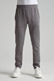 Gri - 3XL Erkek Düz Paça Beli Bağcıklı Logo Detaylı Jogger Eşofman Altı