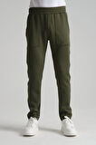 Haki - XL Erkek Düz Paça Beli Bağcıklı Logo Detaylı Jogger Eşofman Altı