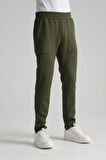 Haki - XL Erkek Düz Paça Beli Bağcıklı Logo Detaylı Jogger Eşofman Altı