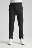 Siyah - 3XL Erkek Düz Paça Beli Bağcıklı Logo Detaylı Jogger Eşofman Altı