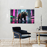SİBER PUNK DÜNYASINDA HEYBETLİ DURAN AYI NEON IŞIKLAR ALTINDA 01 ÇERÇEVESİZ 50X30 CM PVC TABLO