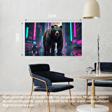 SİBER PUNK DÜNYASINDA HEYBETLİ DURAN AYI NEON IŞIKLAR ALTINDA 02 ÇERÇEVESİZ 50X30 CM PVC TABLO