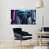 SİBER PUNK DÜNYASINDA HEYBETLİ DURAN FİL NEON IŞIKLAR ALTINDA 02 ÇERÇEVESİZ 50X30 CM PVC TABLO