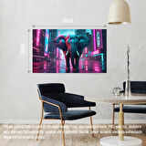 SİBER PUNK DÜNYASINDA HEYBETLİ DURAN FİL NEON IŞIKLAR ALTINDA 03 ÇERÇEVESİZ 50X30 CM PVC TABLO