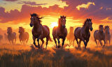 YABANİ ATLAR GÜN BATIMINDA ÇAYIRDA KOŞUYOR 06 ÇERÇEVESİZ 50X30 CM PVC TABLO