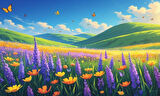 KELEBEKLER YABANİ ÇİÇEKLER İÇİNDE BAHAR HAVASI 04 ÇERÇEVESİZ 50X30 CM PVC TABLO
