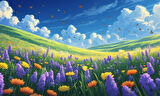 KELEBEKLER YABANİ ÇİÇEKLER İÇİNDE BAHAR HAVASI 06 ÇERÇEVESİZ 50X30 CM PVC TABLO
