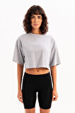 JUSTEVER 100% Pamuk Crop Bisiklet Yaka Kadın T-Shirt- Maia