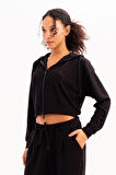 JUSTEVER Crop Kapüşonlu Fermuarlı Siyah Kadın Sweatshirt - Atria