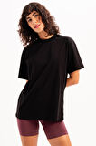 JUSTEVER 100% Pamuk Oversize Fit Bisiklet Yaka Siyah Kadın T-Shirt - Halo