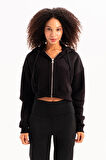 JUSTEVER Crop Kapüşonlu Fermuarlı Kanguru Cepli Şardonlu Hoodie Siyah Kadın Sweatshirt - Lumen