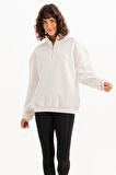 JUSTEVER Oversize Fit Dik Yaka Yarı Fermuarlı Şardonlu Siyah Kadın Sweatshirt - Cass