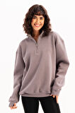 JUSTEVER Oversize Fit Dik Yaka Yarı Fermuarlı Şardonlu Siyah Kadın Sweatshirt - Cass