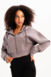 JUSTEVER Crop Kapüşonlu Fermuarlı Kanguru Cepli Şardonlu Hoodie Siyah Kadın Sweatshirt - Lumen