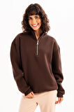 JUSTEVER Oversize Fit Dik Yaka Yarı Fermuarlı Şardonlu Siyah Kadın Sweatshirt - Cass