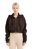 JUSTEVER Crop Kapüşonlu Fermuarlı Kanguru Cepli Şardonlu Hoodie Siyah Kadın Sweatshirt - Lumen