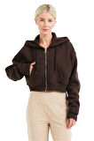 JUSTEVER Crop Kapüşonlu Fermuarlı Kanguru Cepli Şardonlu Hoodie Siyah Kadın Sweatshirt - Lumen
