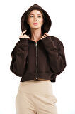 JUSTEVER Crop Kapüşonlu Fermuarlı Kanguru Cepli Şardonlu Hoodie Siyah Kadın Sweatshirt - Lumen