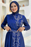 Taş Detaylı Kemer Aksesuarlı Saten Abiye Elbise 5002 Lacivert