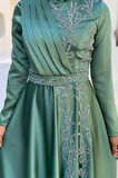 Taş Detaylı Kemer Aksesuarlı Saten Abiye Elbise 5002 Mint