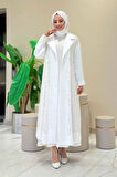 Yakalı Dantel Güpür Detay Abaya 7830 Ekru
