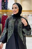 Taş Detaylı Elbise Abaya Takım 3943 Siyah