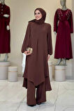 Verevli Tunik, Pantolon ve Şal Üçlü Takım 3937 Kahverengi