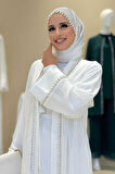 İnci Detaylı Abaya Elbise Takım 8493 Ekru