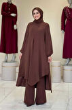 Verevli Tunik, Pantolon ve Şal Üçlü Takım 3937 Kahverengi