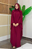 Kapüşonlu Abaya ve  Elbise İkili Takım 70013 Bordo