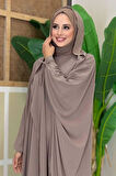 Kapüşonlu Abaya ve  Elbise İkili Takım 70013 Vizon