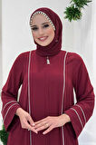Çizgi Detaylı Boydan Fermuarlı Tam Boy Ferace 6011 Bordo