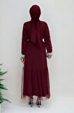 İncili Abaya Ve Elbise Takım 8491 Bordo
