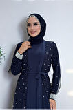 İncili Abaya Ve Elbise Takım 8491 Lacivert