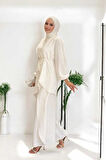 Asimetrik Kesim Tunik Pantolon İkili Takım 8694 Ekru