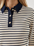 LCWAIKIKI Basic LACİVERT Polo Yaka Çizgili Kadın Tişört