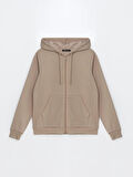LCWAIKIKI Basic Kahverengi Kapüşonlu Düz Uzun Kollu Kadın Fermuarlı Sweatshirt