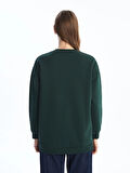 LCW Modest Yeşil Bisiklet Yaka Baskılı Oversize Kadın Sweatshirt Tunik