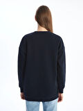 LCW Modest Lacivert Bisiklet Yaka Baskılı Oversize Kadın Sweatshirt Tunik