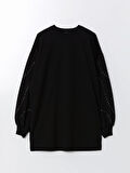 LCW Modest Siyah Bisiklet Yaka Parlak Taşlı Oversize Kadın Sweatshirt Tunik