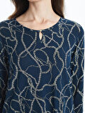 LCW Grace Lacivert Bisiklet Yaka Desenli Kadın Bluz