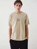 XSIDE Bej Bisiklet Yaka Nakışlı Erkek Tişört