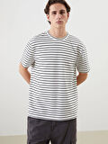 XSIDE Ekru Bisiklet Yaka Kısa Kollu Çizgili Penye Erkek Tişört