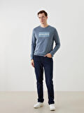 LCWAIKIKI Classic Indigo Bisiklet Yaka Uzun Kollu Baskılı Erkek Sweatshirt