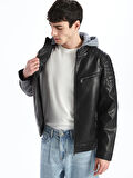 XSIDE Siyah Slim Fit Kapüşonlu Erkek Deri Görünümlü Mont