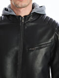 XSIDE Siyah Slim Fit Kapüşonlu Erkek Deri Görünümlü Mont