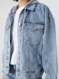 LCW Vision Indigo Kapüşonlu Oversize Kadın Jean Ceket