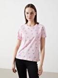 XSIDE Pembe Bisiklet Yaka Desenli Kadın Tişört