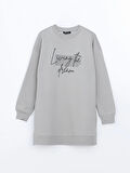LCW Modest Gri Bisiklet Yaka Baskılı Kadın Sweatshirt Tunik